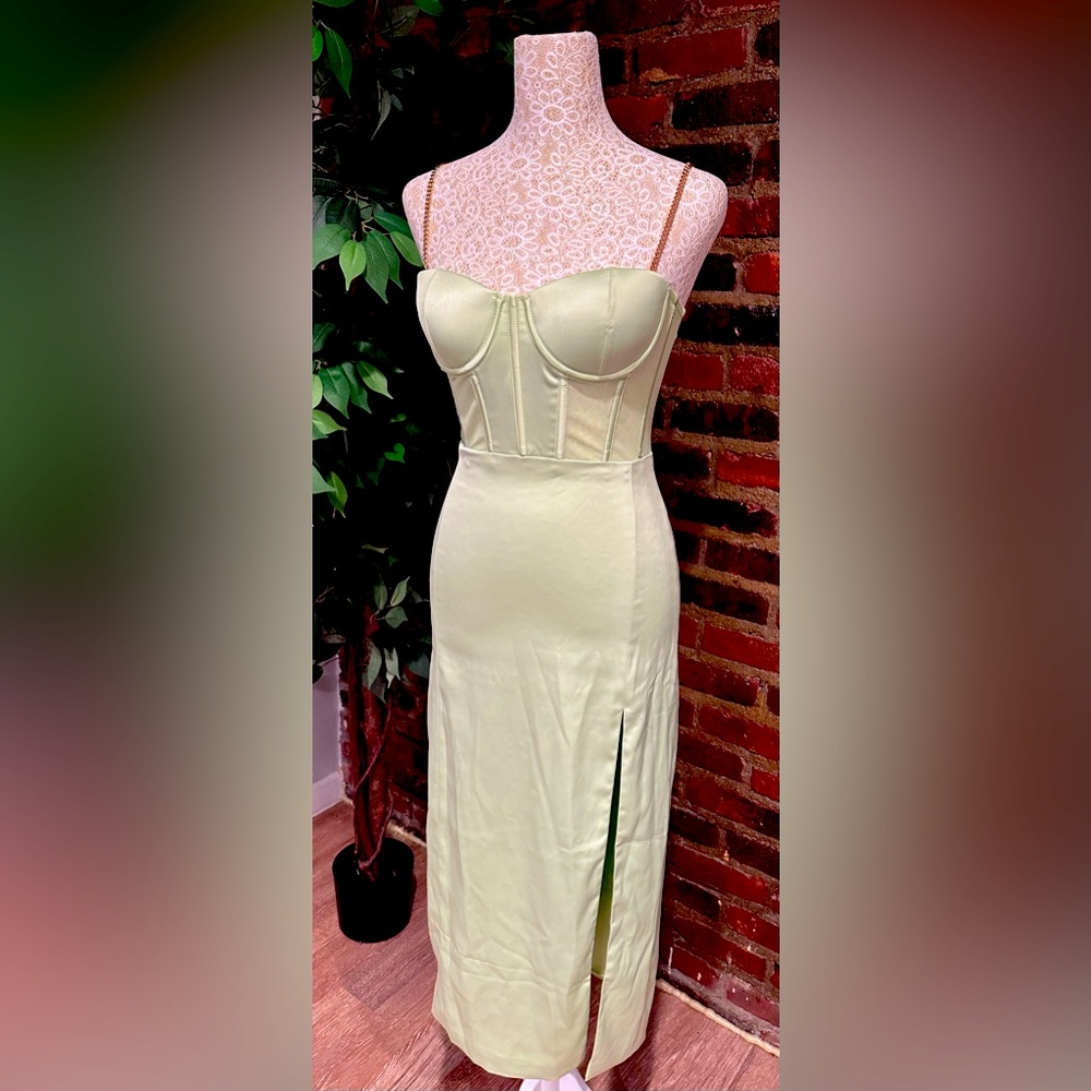 Mint green satin and mesh dress.